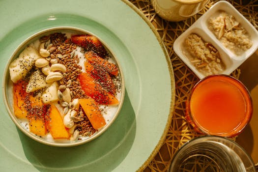a bowl of oatmeal topped with bananas and dried fruits